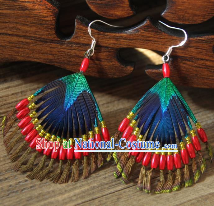 Chinese Traditional Ethnic Red Beads Feather Earrings National Ear Accessories for Women