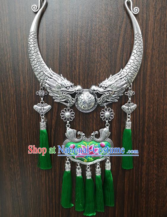 Chinese Traditional Minority Carving Dragons Embroidered Green Necklace Ethnic Folk Dance Accessories for Women