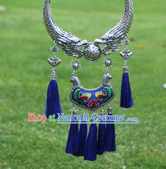 Chinese Traditional Minority Carving Dragons Embroidered Peony Blue Necklace Ethnic Folk Dance Accessories for Women