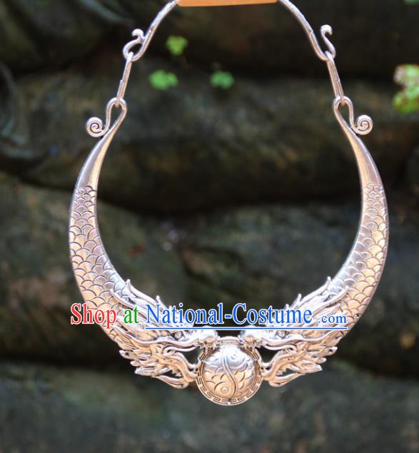 Chinese Traditional Minority Carving Dragons Necklace Ethnic Folk Dance Accessories for Women