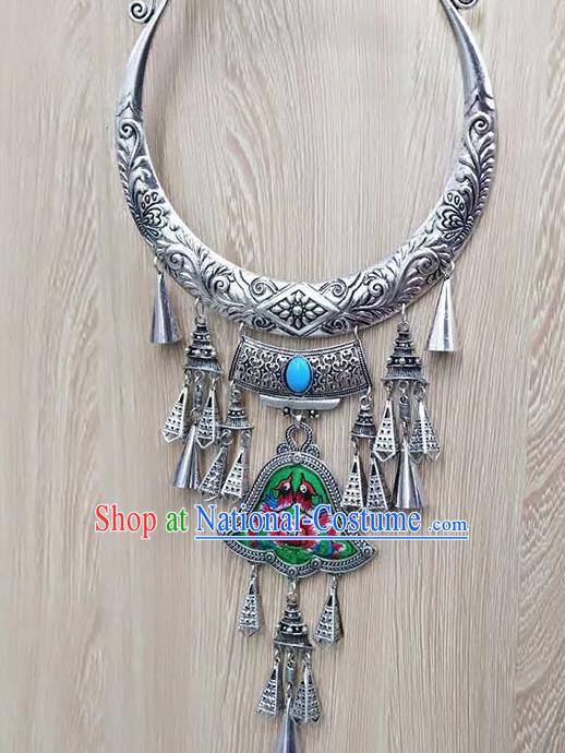 Chinese Traditional Minority Embroidered Green Carving Necklace Ethnic Folk Dance Accessories for Women