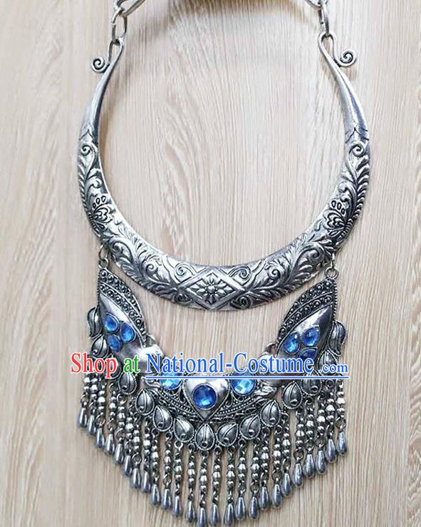 Chinese Traditional Miao Minority Blue Crystal Longevity Lock Necklace Ethnic Folk Dance Accessories for Women