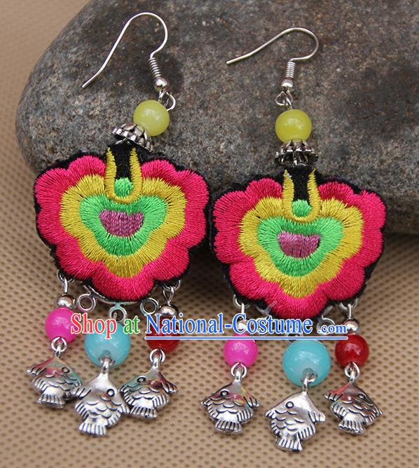 Chinese Traditional Ethnic Rosy Embroidered Earrings National Ear Accessories for Women