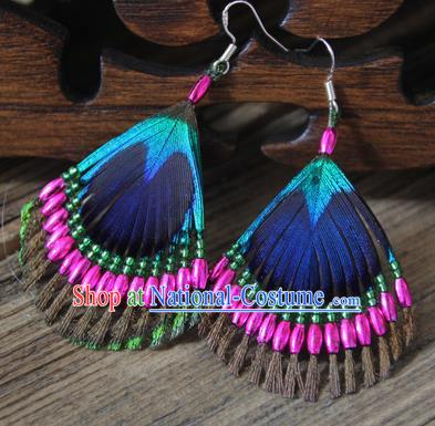 Chinese Traditional Ethnic Rosy Beads Feather Earrings National Ear Accessories for Women