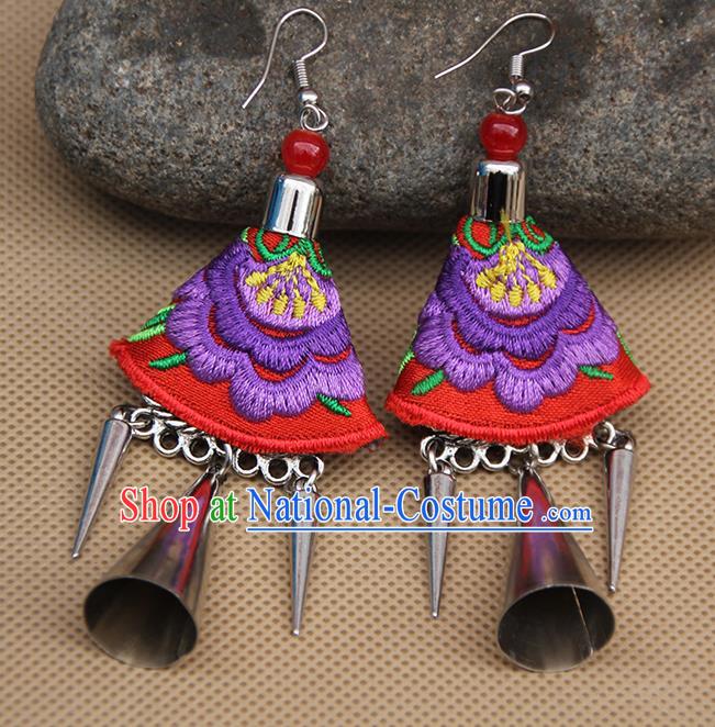 Chinese Traditional Ethnic Embroidered Purple Peony Earrings National Ear Accessories for Women