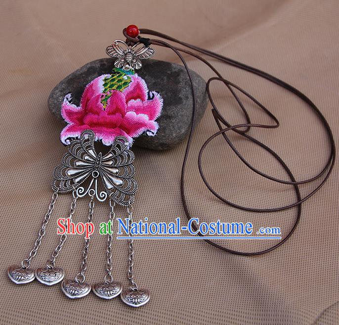 Chinese Traditional Miao Minority Embroidered Pink Lotus Necklace Ethnic Folk Dance Accessories for Women