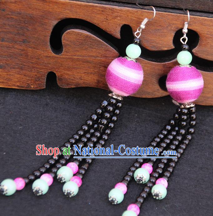 Chinese Traditional Ethnic Black Beads Tassel Venonat Earrings National Ear Accessories for Women