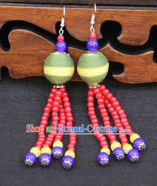 Chinese Traditional Ethnic Beads Tassel Green Venonat Earrings National Ear Accessories for Women