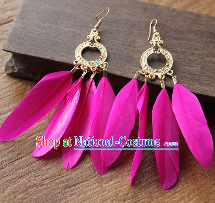 Chinese Traditional Ethnic Rosy Feather Earrings National Ear Accessories for Women