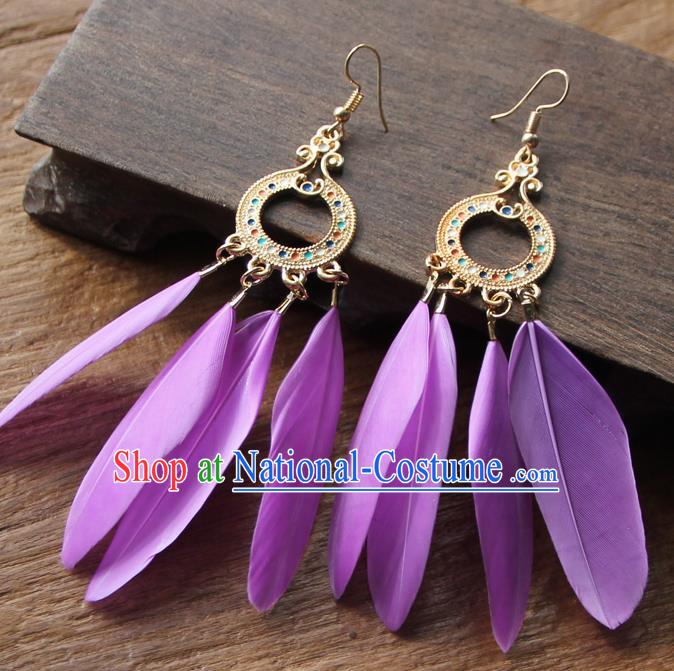 Chinese Traditional Ethnic Purple Feather Earrings National Ear Accessories for Women