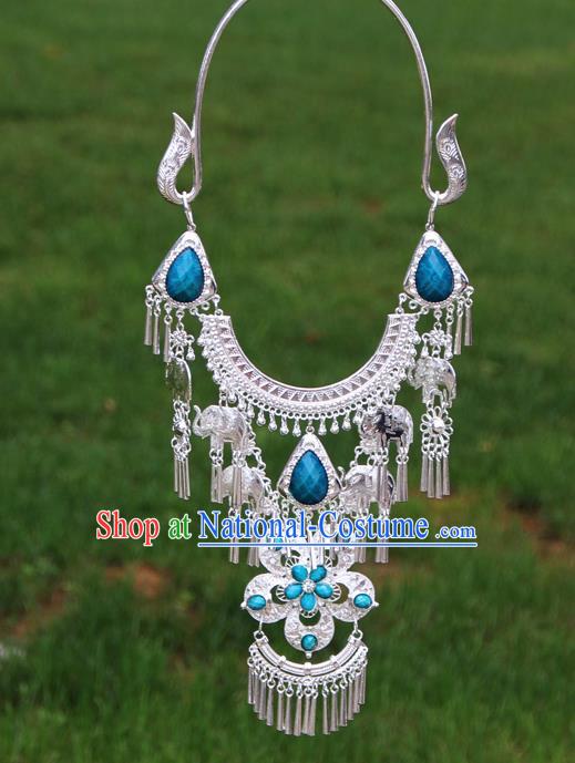 Chinese Traditional Miao Minority Blue Flowers Crystal Necklace Ethnic Accessories for Women