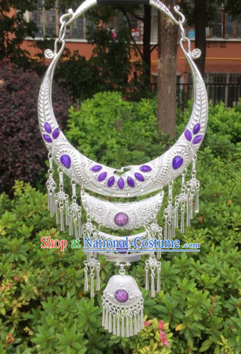 Chinese Traditional Jingpo Minority Purple Necklace Ethnic Folk Dance Accessories for Women