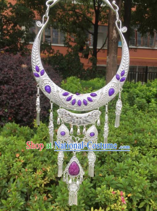 Chinese Traditional Jingpo Minority Purple Tassel Necklace Ethnic Folk Dance Accessories for Women