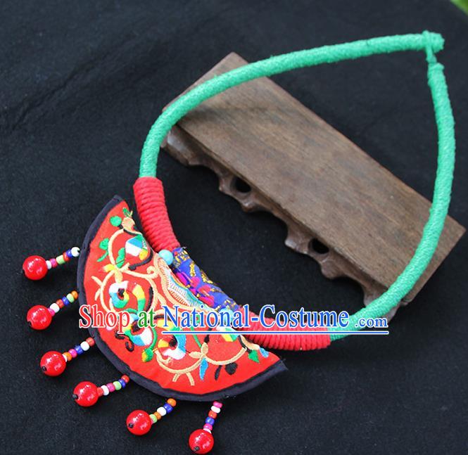 Chinese Traditional Minority Embroidered Red Necklace Ethnic Folk Dance Accessories for Women