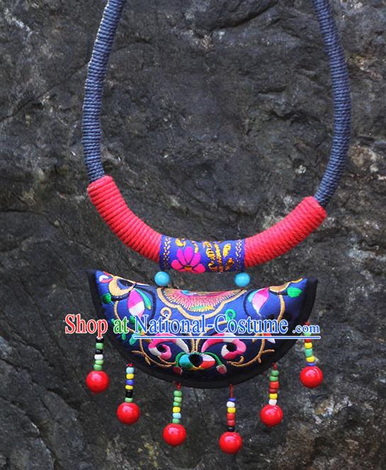 Chinese Traditional Minority Embroidered Royalblue Necklace Ethnic Folk Dance Accessories for Women