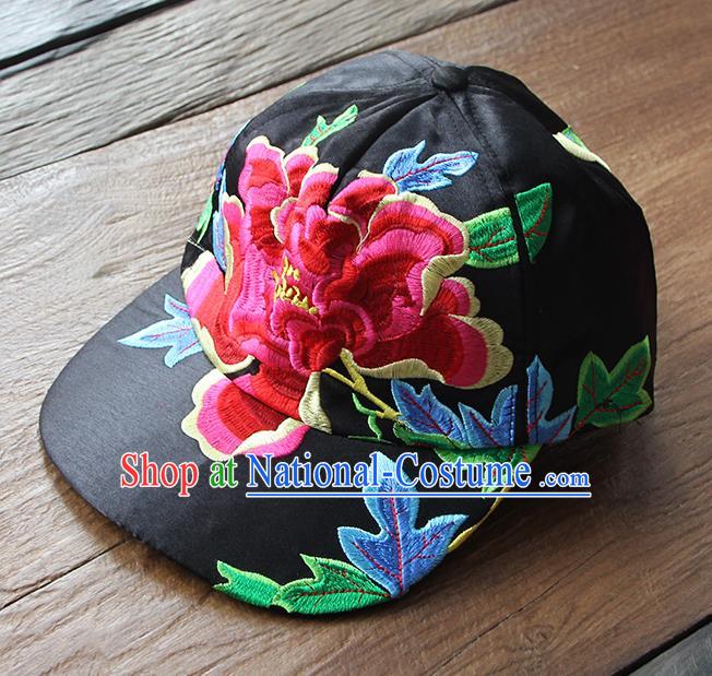 Chinese Traditional Embroidered Red Peony Baseball Cap Yunnan Minority Black Hat for Women