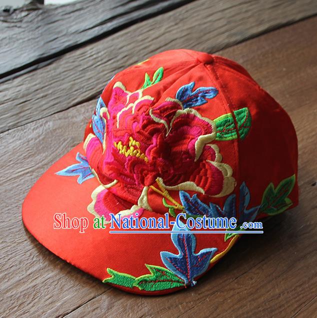 Chinese Traditional Embroidered Peony Red Baseball Cap Yunnan Minority Hat for Women