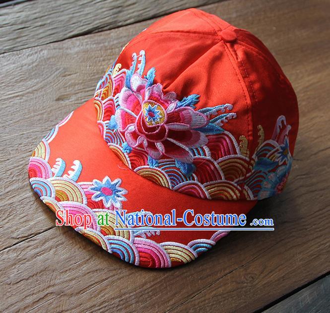 Chinese Traditional Embroidered Peony Red Baseball Cap Yunnan Minority Hat for Women