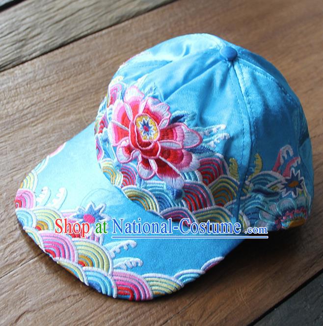 Chinese Traditional Embroidered Peony Blue Baseball Cap Yunnan Minority Hat for Women