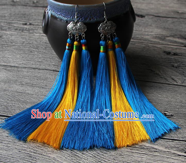 Chinese Traditional Ethnic Yellow and Blue Tassel Earrings National Longevity Lock Ear Accessories for Women