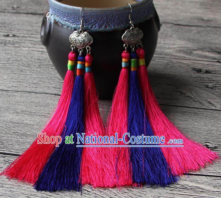 Chinese Traditional Ethnic Pink and Purple Tassel Earrings National Longevity Lock Ear Accessories for Women