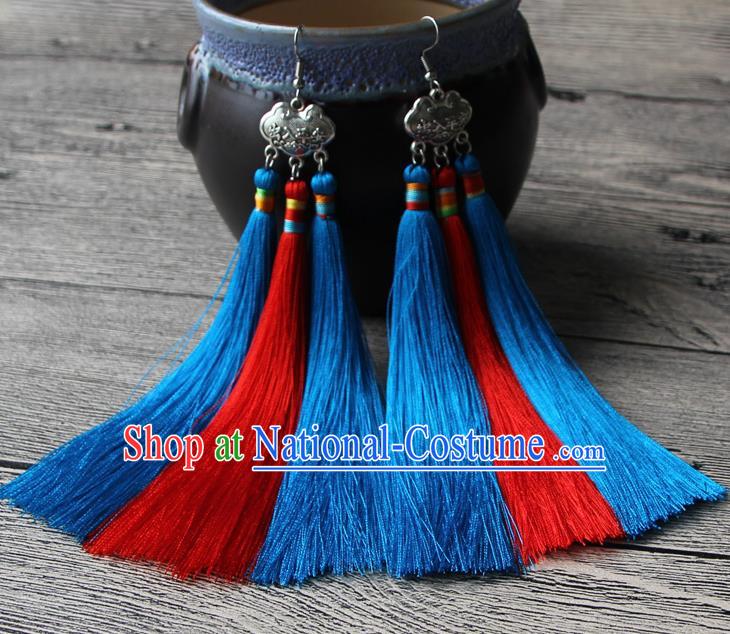 Chinese Traditional Ethnic Red and Blue Tassel Earrings National Longevity Lock Ear Accessories for Women