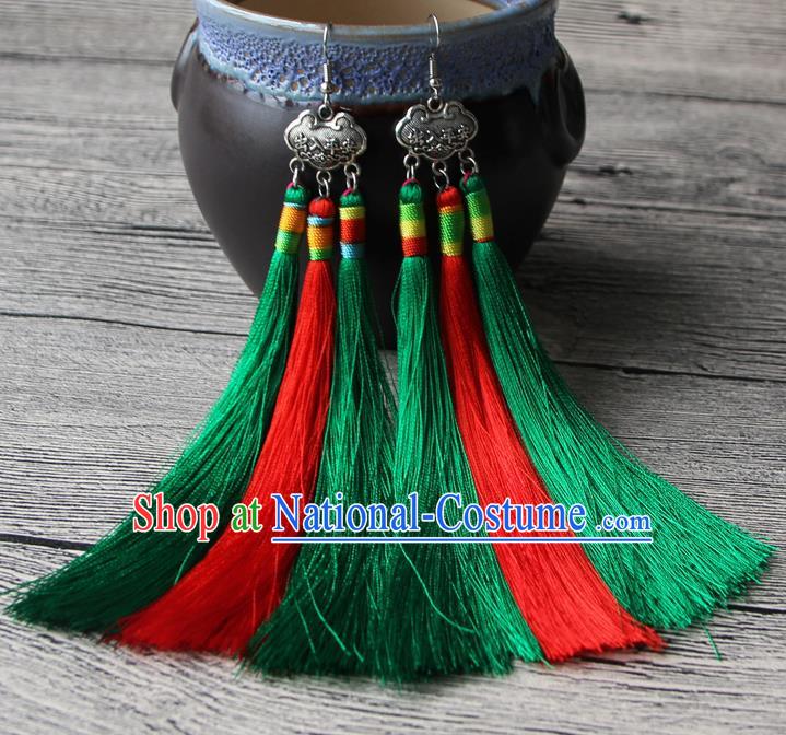 Chinese Traditional Ethnic Red and Green Tassel Earrings National Longevity Lock Ear Accessories for Women