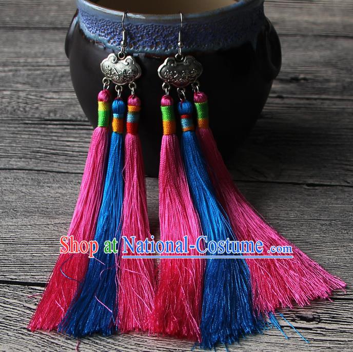 Chinese Traditional Ethnic Pink and Blue Tassel Earrings National Longevity Lock Ear Accessories for Women