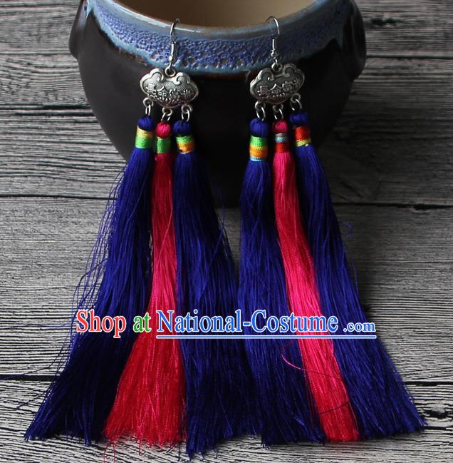 Chinese Traditional Ethnic Royalblue and Pink Tassel Earrings National Longevity Lock Ear Accessories for Women