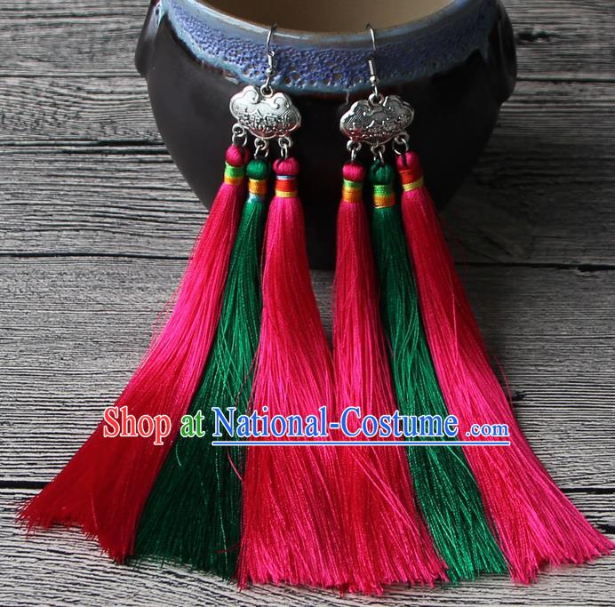 Chinese Traditional Ethnic Pink and Green Tassel Earrings National Longevity Lock Ear Accessories for Women