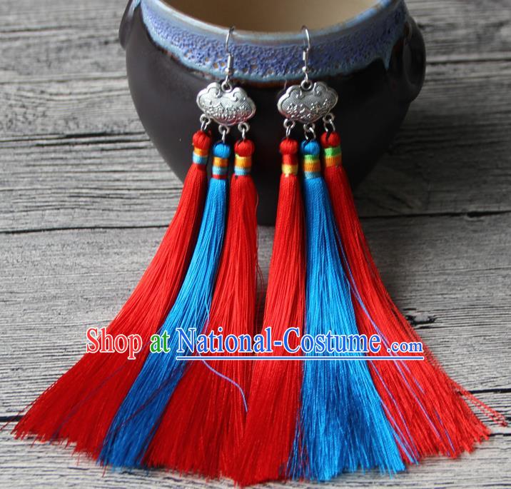 Chinese Traditional Ethnic Red and Blue Tassel Earrings National Longevity Lock Ear Accessories for Women