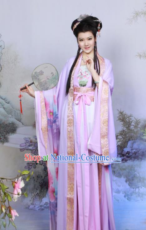 Chinese Ancient Peri Purple Hanfu Dress Tang Dynasty Geisha Embroidered Historical Costumes for Women