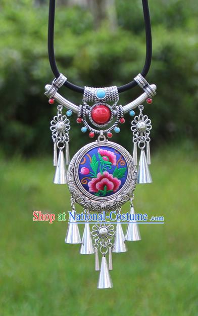 Chinese Traditional Minority Embroidered Peony Blue Necklace Ethnic Folk Dance Accessories for Women