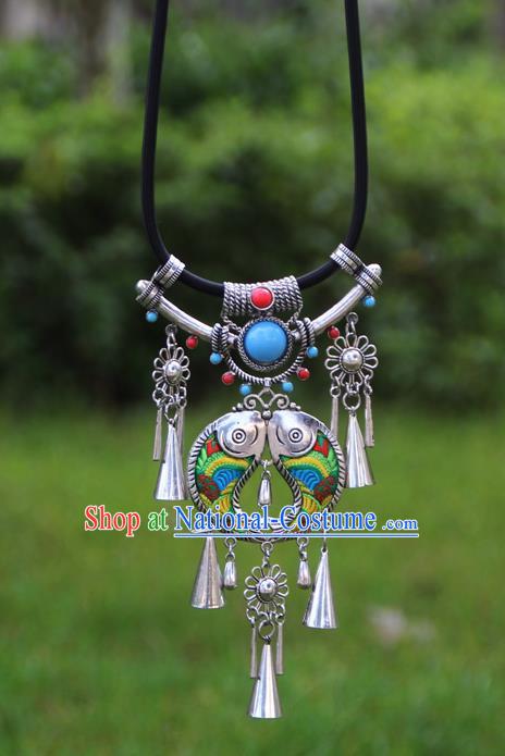 Chinese Traditional Minority Embroidered Green Double Fishes Necklace Ethnic Folk Dance Accessories for Women