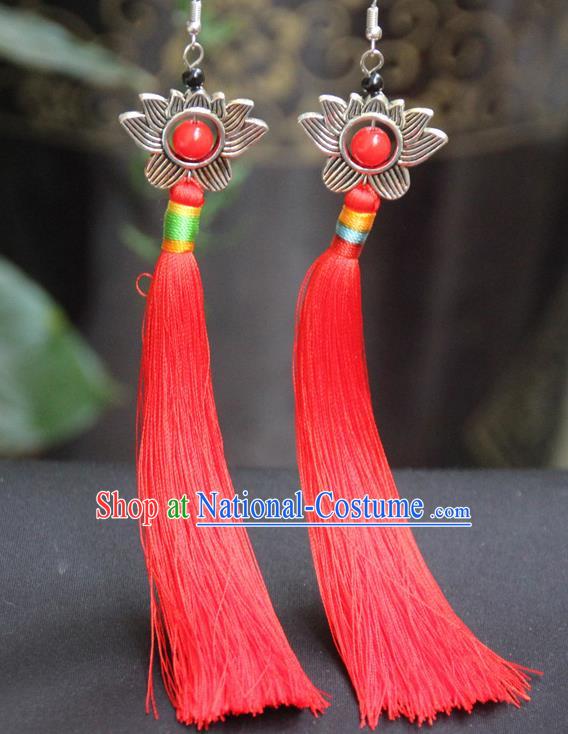 Chinese Traditional Ethnic Red Tassel Lotus Earrings National Ear Accessories for Women