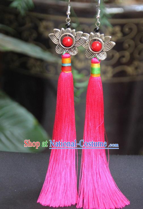 Chinese Traditional Ethnic Rosy Tassel Lotus Earrings National Ear Accessories for Women