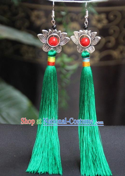 Chinese Traditional Ethnic Green Tassel Lotus Earrings National Ear Accessories for Women