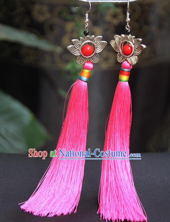 Chinese Traditional Ethnic Pink Tassel Lotus Earrings National Ear Accessories for Women