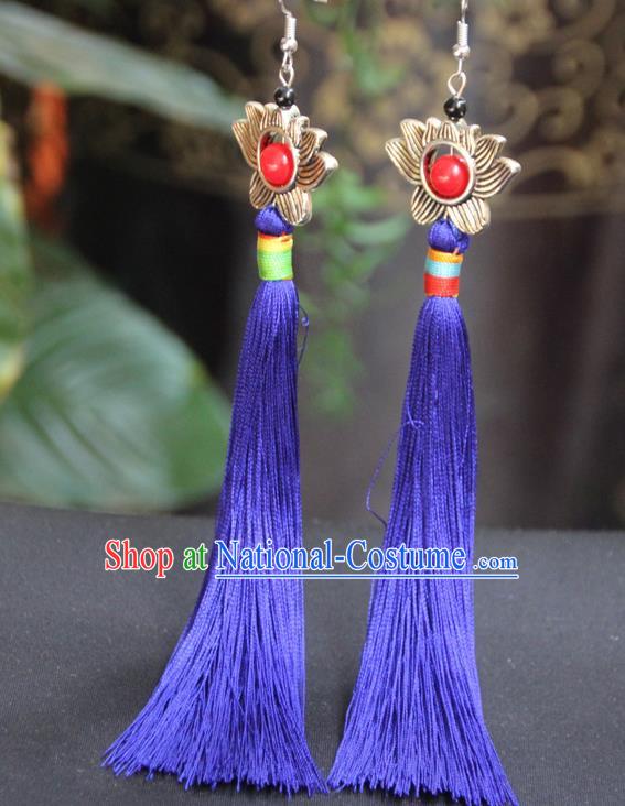 Chinese Traditional Ethnic Royalblue Tassel Lotus Earrings National Ear Accessories for Women