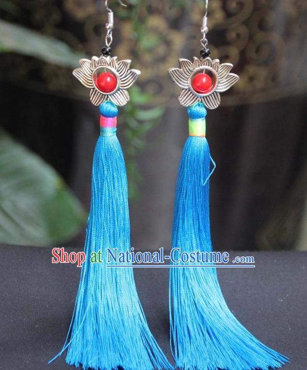 Chinese Traditional Ethnic Blue Tassel Lotus Earrings National Ear Accessories for Women