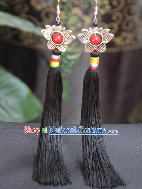 Chinese Traditional Ethnic Black Tassel Lotus Earrings National Ear Accessories for Women