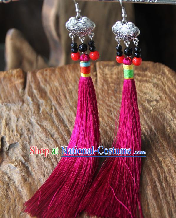 Chinese Traditional Ethnic Rosy Tassel Longevity Lock Earrings National Ear Accessories for Women