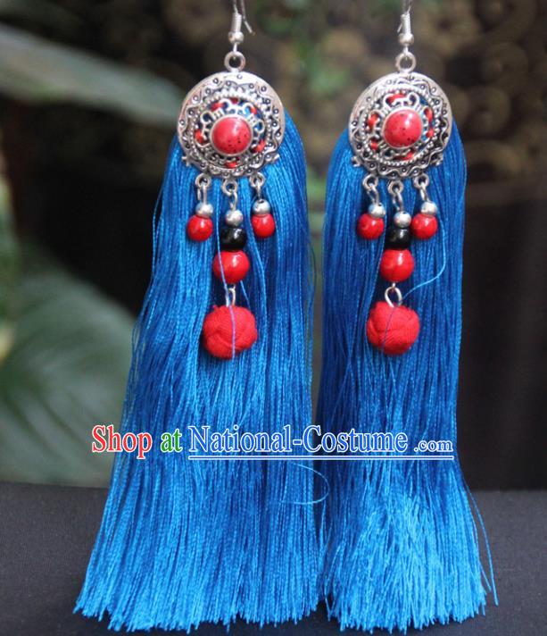 Chinese Traditional Ethnic Earrings National Blue Tassel Ear Accessories for Women