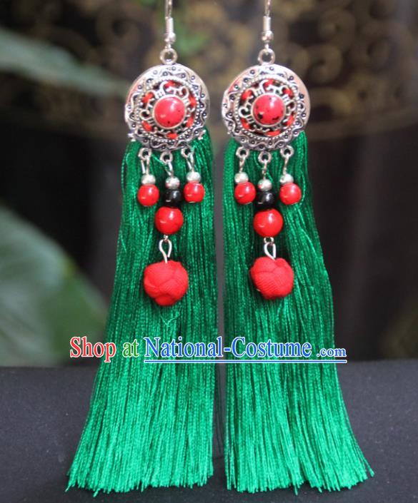 Chinese Traditional Ethnic Earrings National Green Tassel Ear Accessories for Women