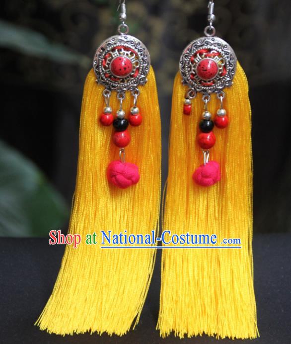 Chinese Traditional Ethnic Earrings National Yellow Tassel Ear Accessories for Women