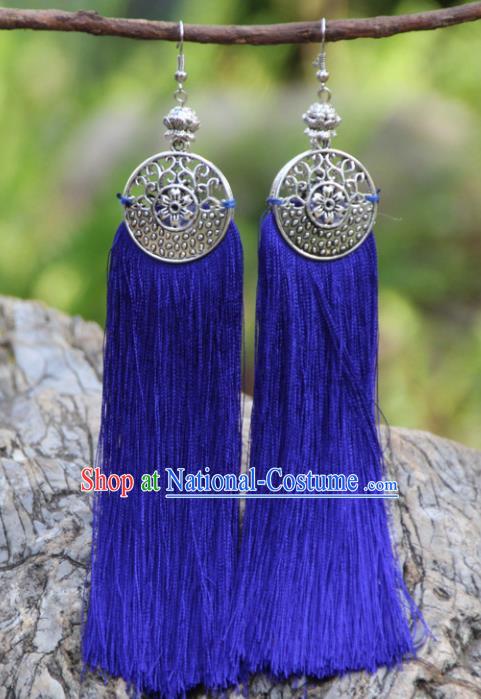 Chinese Traditional Ethnic Bride Earrings National Royalblue Tassel Ear Accessories for Women