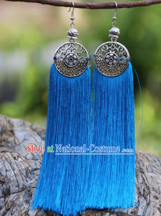 Chinese Traditional Ethnic Bride Earrings National Blue Tassel Ear Accessories for Women