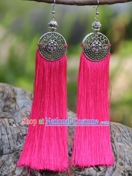 Chinese Traditional Ethnic Bride Earrings National Pink Tassel Ear Accessories for Women