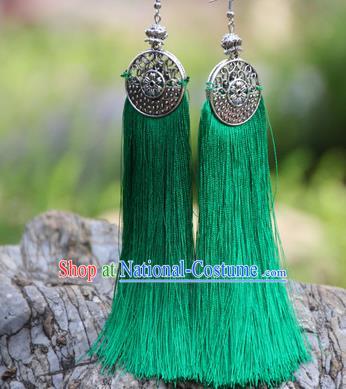 Chinese Traditional Ethnic Bride Earrings National Green Tassel Ear Accessories for Women