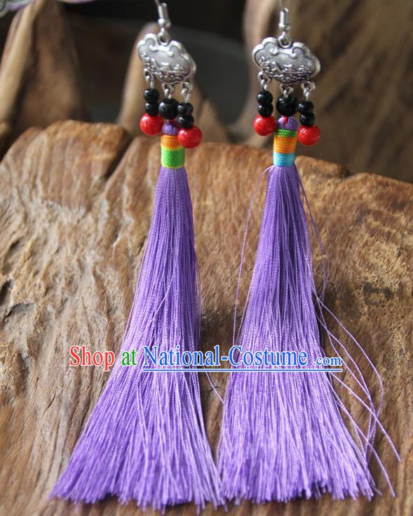 Chinese Traditional Ethnic Lilac Tassel Longevity Lock Earrings National Ear Accessories for Women